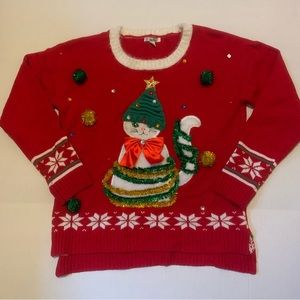 Ugly Christmas Sweater Cat With Tinsel Size Large